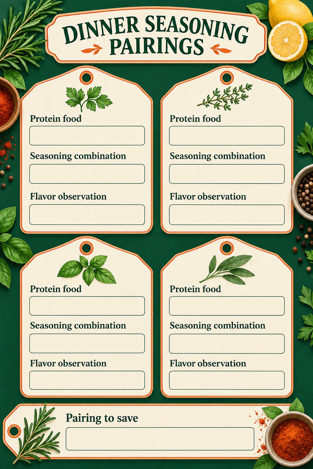 Four blank seasoning pairing tickets for protein food, seasonings, flavor observation, and pairing to save.