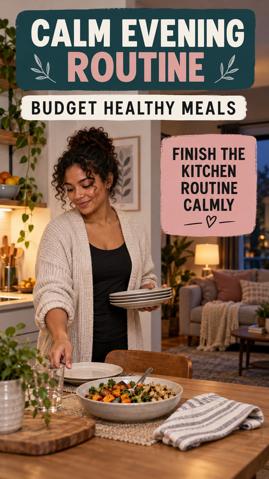 Dinner-to-Bedtime Routine infographic for Budget Healthy Meals, showing a flexible and calming evening wellness routine.