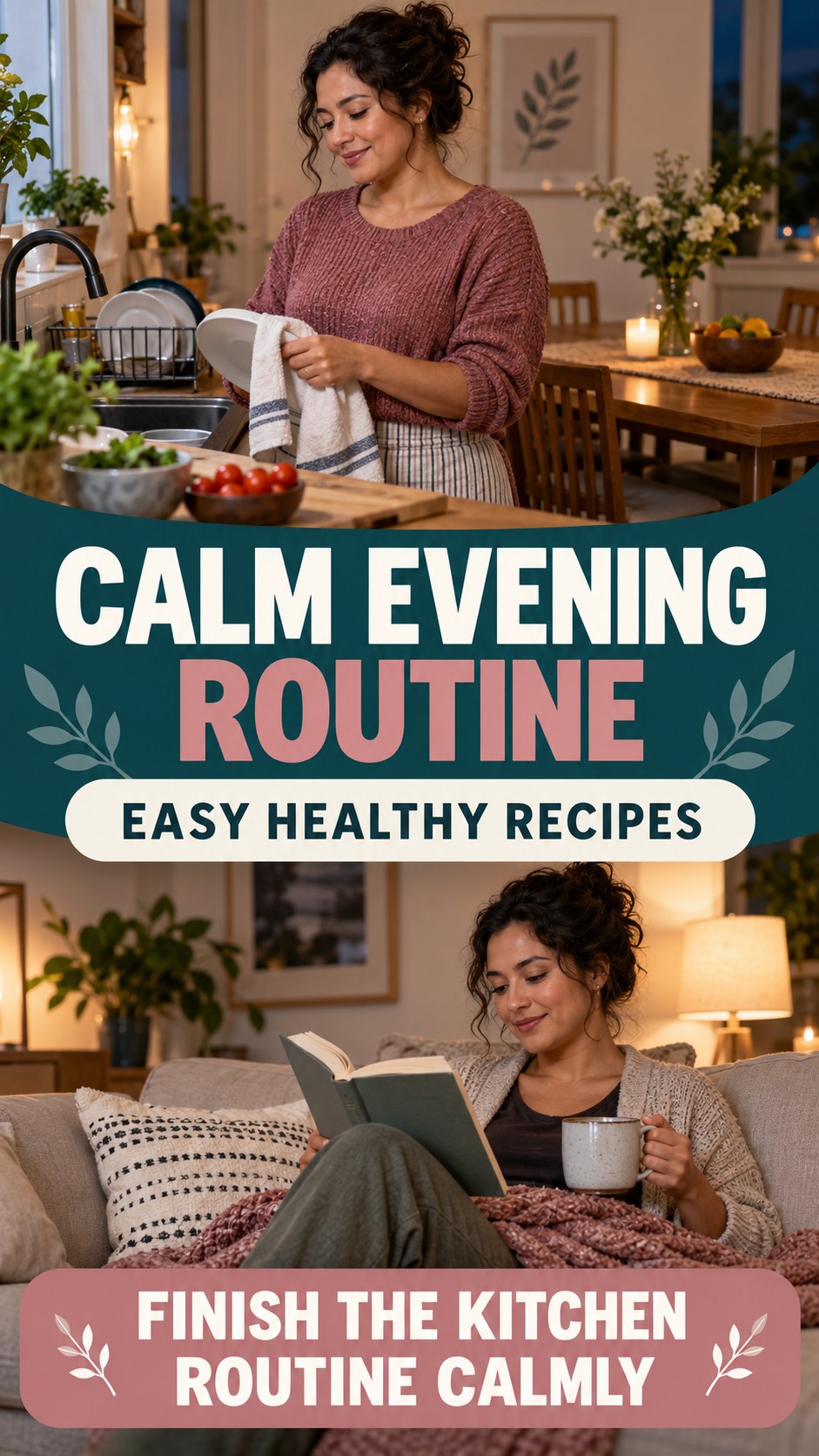 Dinner-to-Bedtime Routine infographic for Easy Healthy Recipes, showing a flexible and calming evening wellness routine.