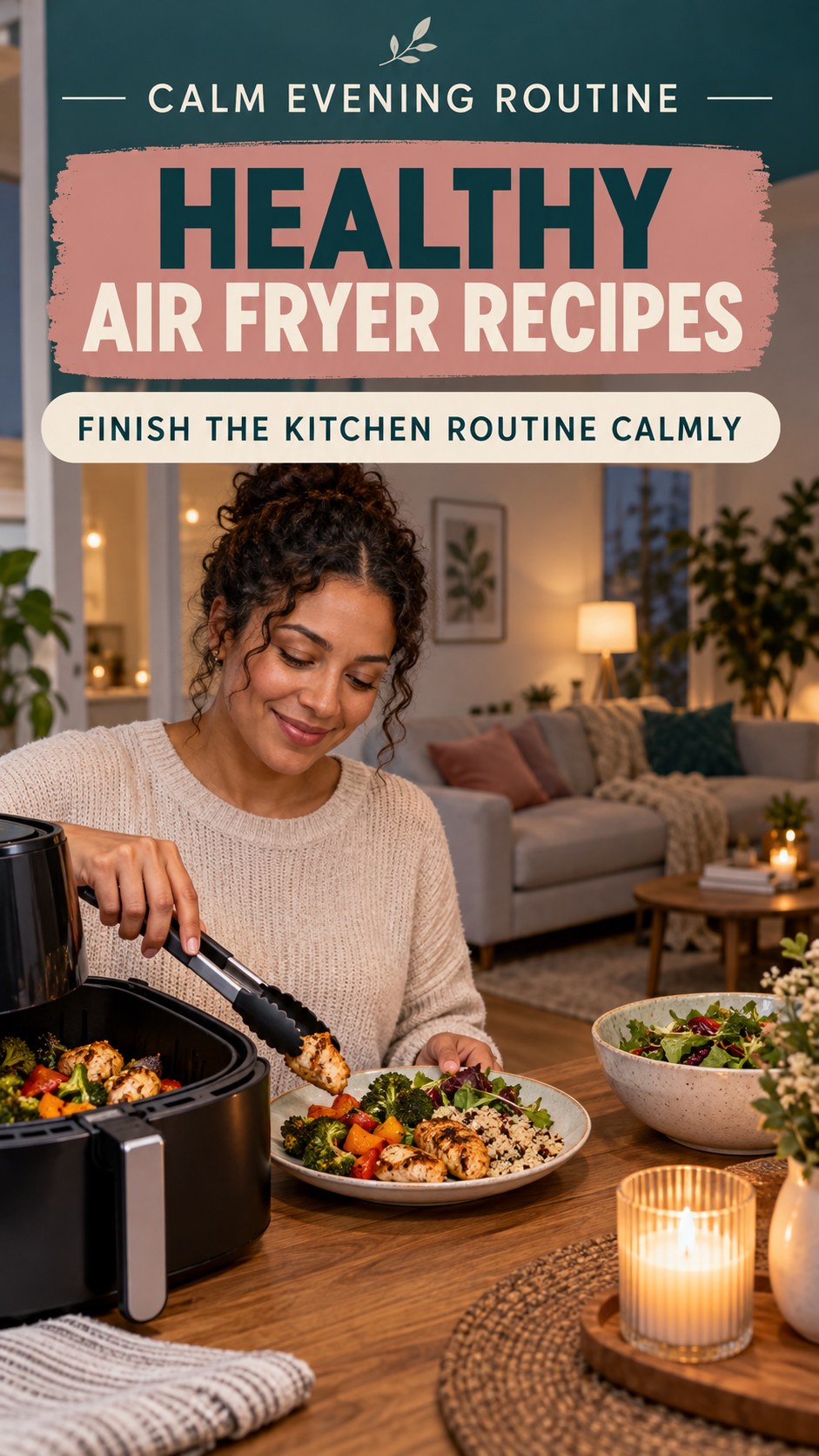 Dinner-to-Bedtime Routine infographic for Healthy Air Fryer Recipes, showing a flexible and calming evening wellness routine.