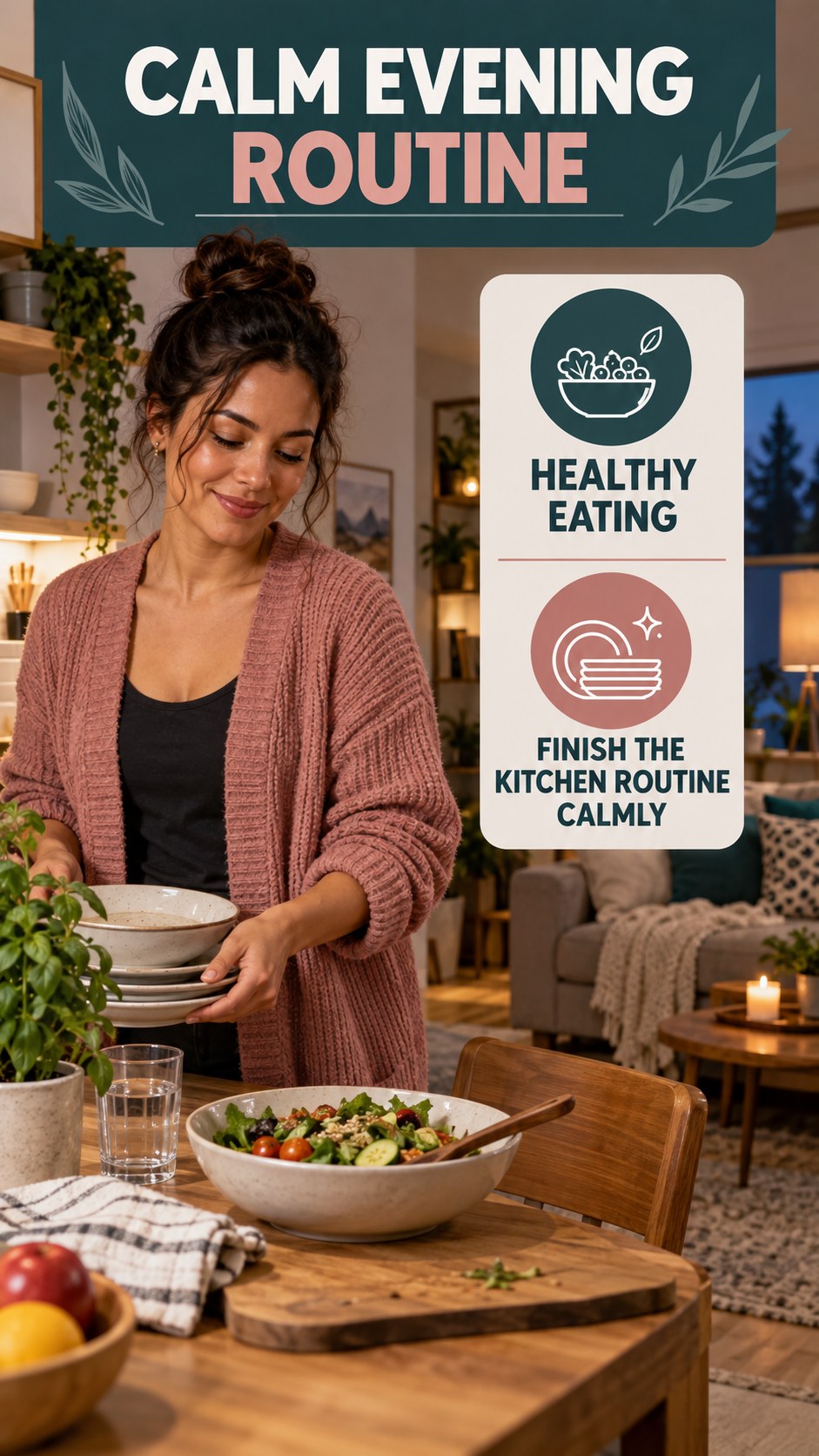 Dinner-to-Bedtime Routine infographic for Healthy Eating, showing a flexible and calming evening wellness routine.