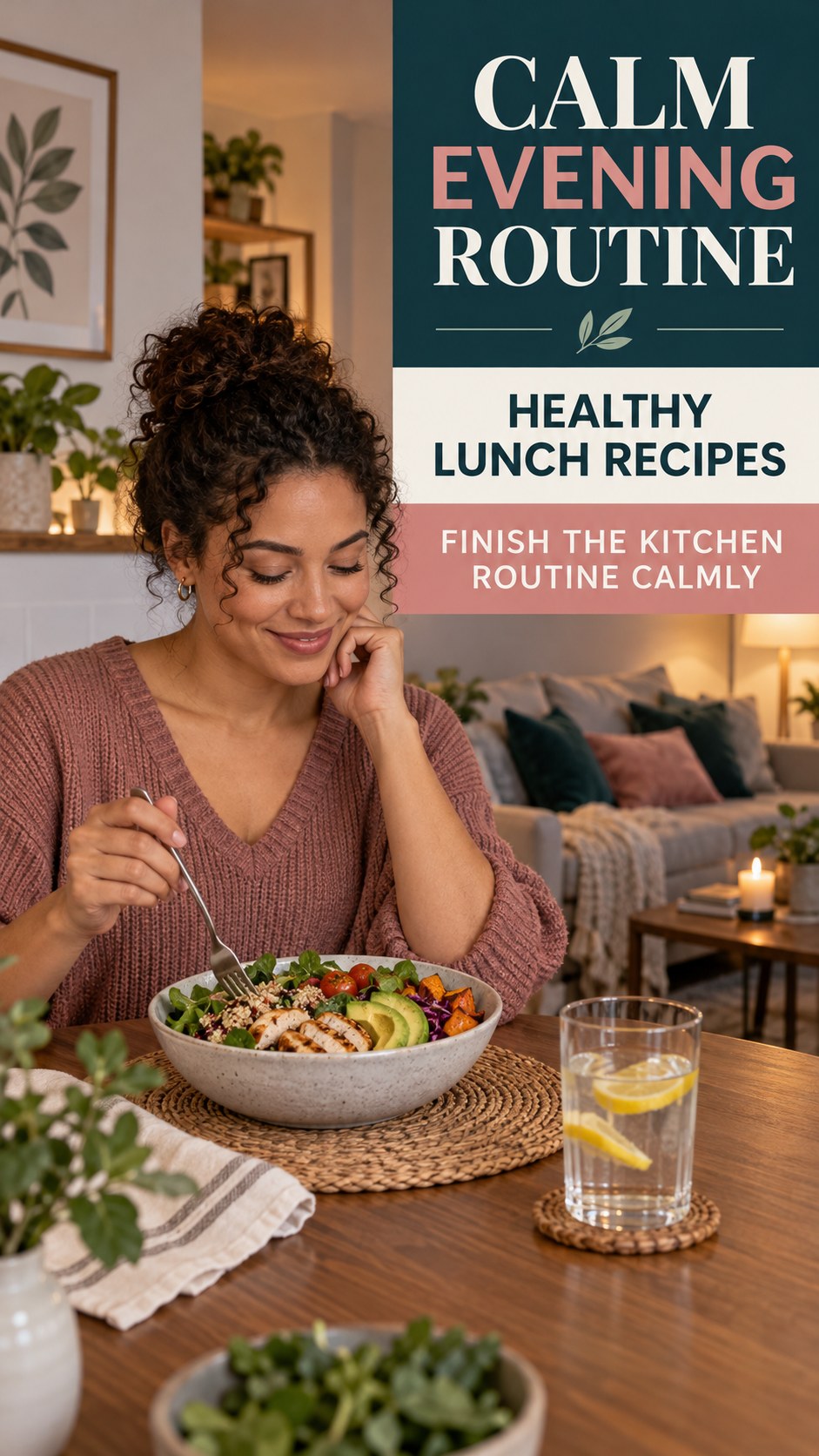Dinner-to-Bedtime Routine infographic for Healthy Lunch Recipes, showing a flexible and calming evening wellness routine.