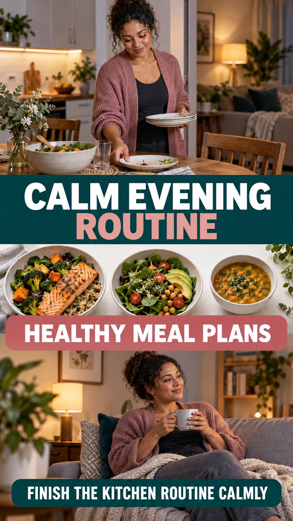Dinner-to-Bedtime Routine infographic for Healthy Meal Plans, showing a flexible and calming evening wellness routine.