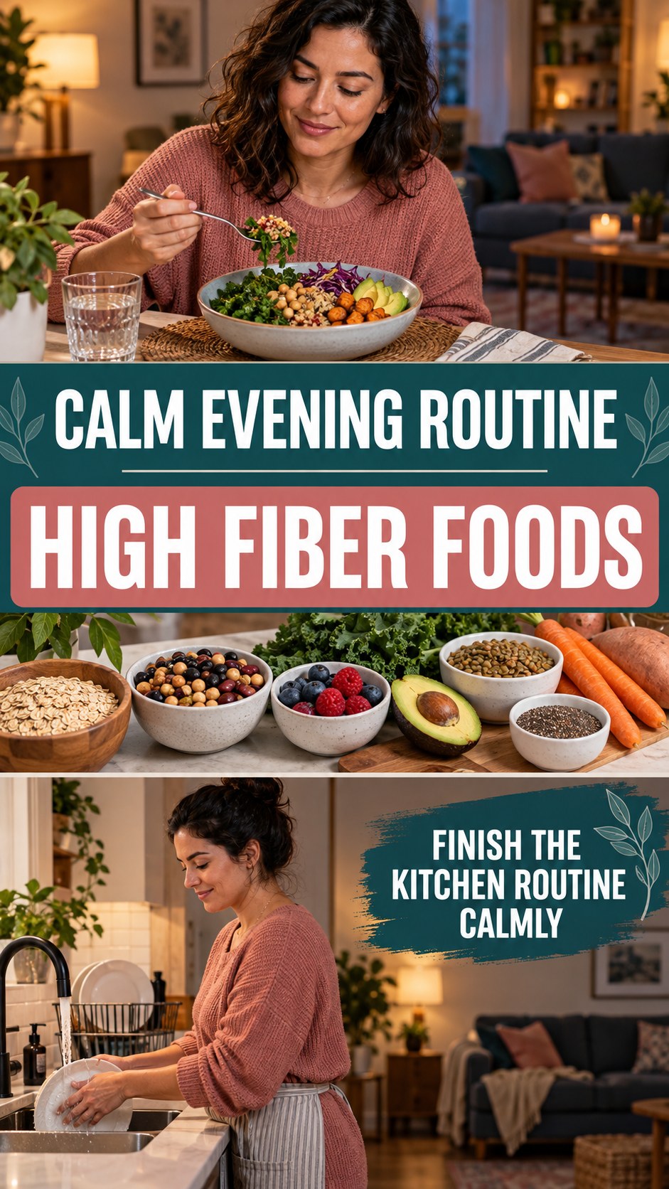 Dinner-to-Bedtime Routine infographic for High Fiber Foods, showing a flexible and calming evening wellness routine.