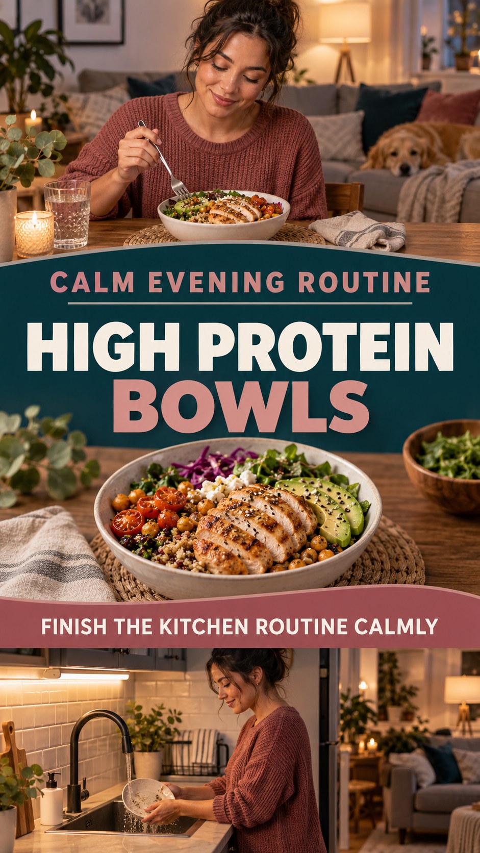 Dinner-to-Bedtime Routine infographic for High Protein Bowls, showing a flexible and calming evening wellness routine.