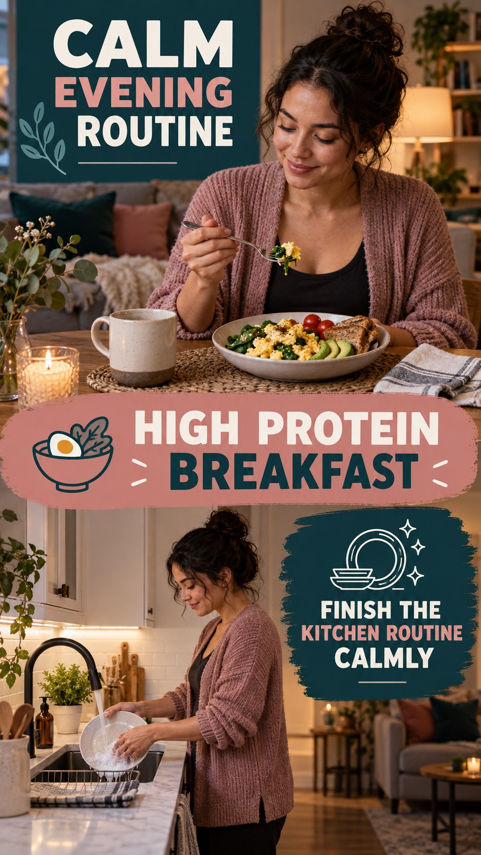 Dinner-to-Bedtime Routine infographic for High Protein Breakfast, showing a flexible and calming evening wellness routine.