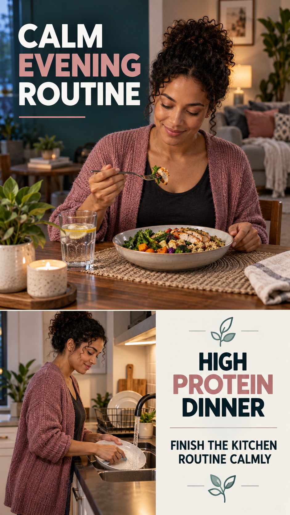 Dinner-to-Bedtime Routine infographic for High Protein Dinner, showing a flexible and calming evening wellness routine.