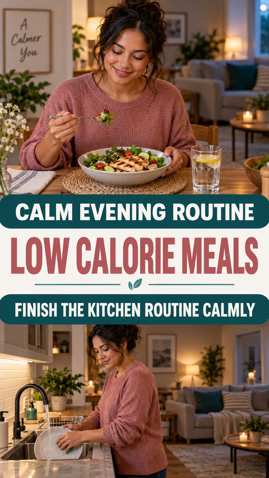 Dinner-to-Bedtime Routine infographic for Low Calorie Meals, showing a flexible and calming evening wellness routine.