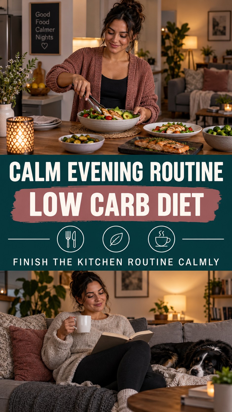 Dinner-to-Bedtime Routine infographic for Low Carb Diet, showing a flexible and calming evening wellness routine.