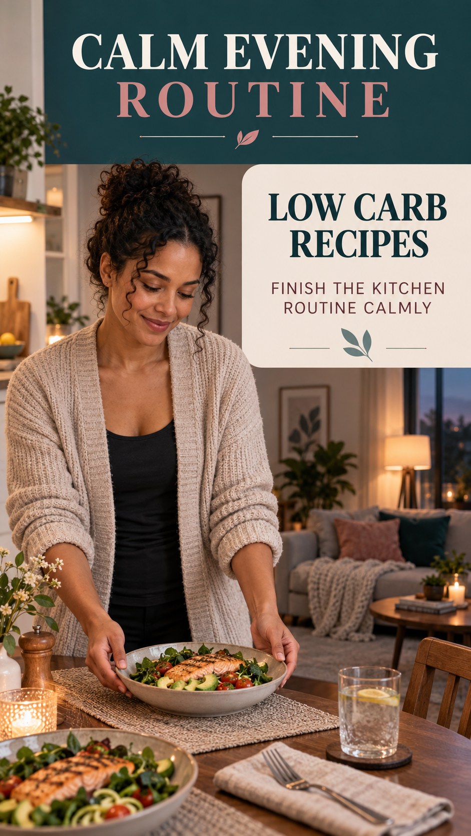Dinner-to-Bedtime Routine infographic for Low Carb Recipes, showing a flexible and calming evening wellness routine.