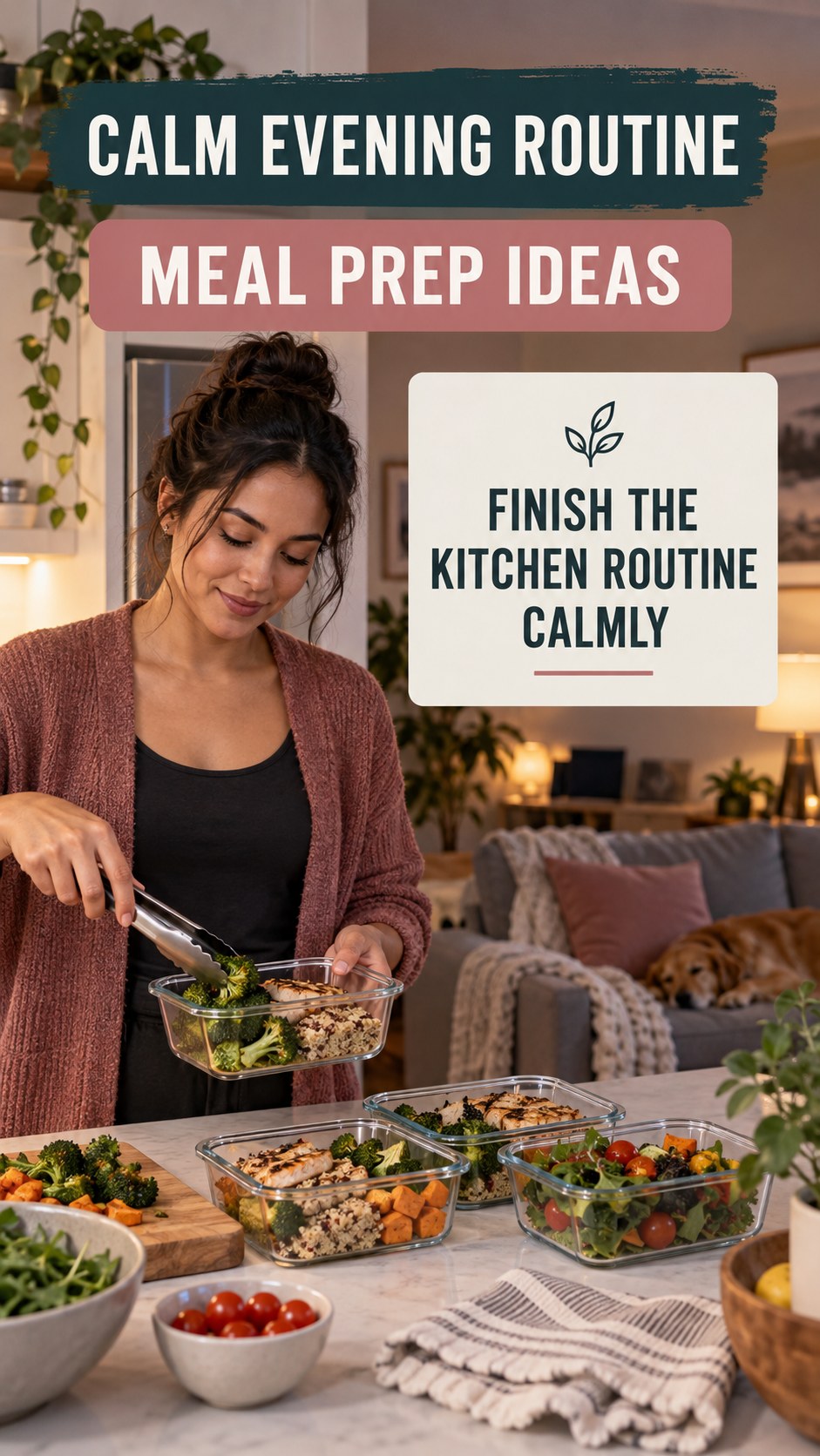 Dinner-to-Bedtime Routine infographic for Meal Prep Ideas, showing a flexible and calming evening wellness routine.
