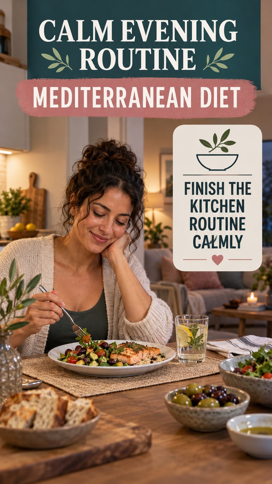 Dinner-to-Bedtime Routine infographic for Mediterranean Diet, showing a flexible and calming evening wellness routine.
