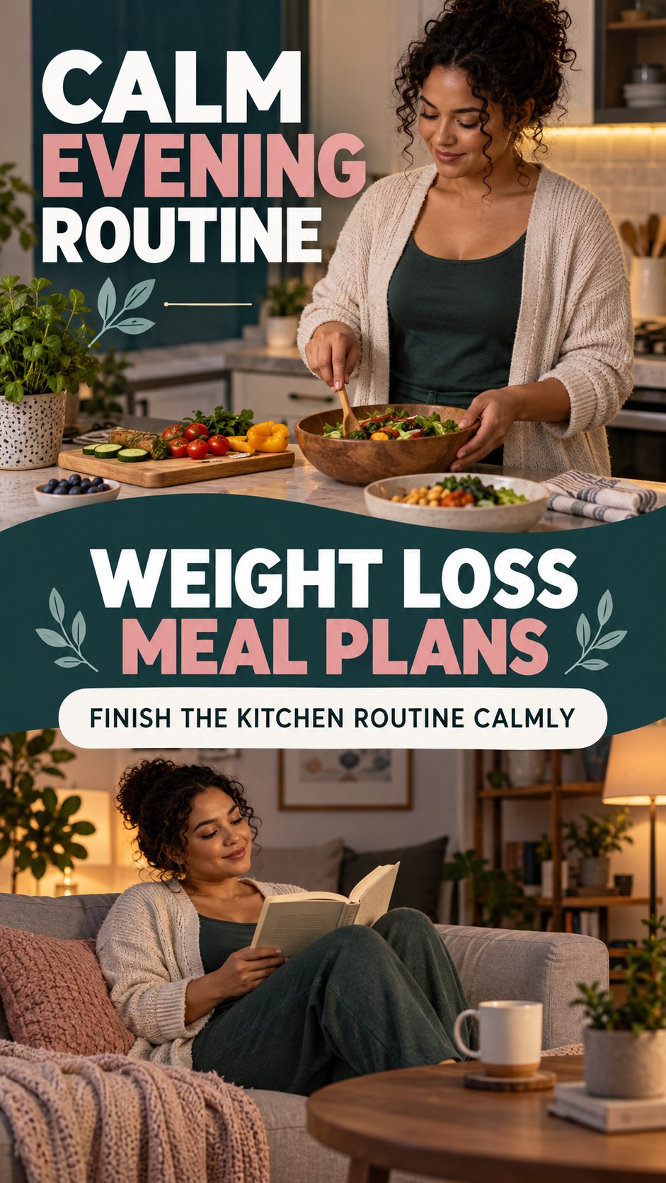 Dinner-to-Bedtime Routine infographic for Weight Loss Meal Plans, showing a flexible and calming evening wellness routine.