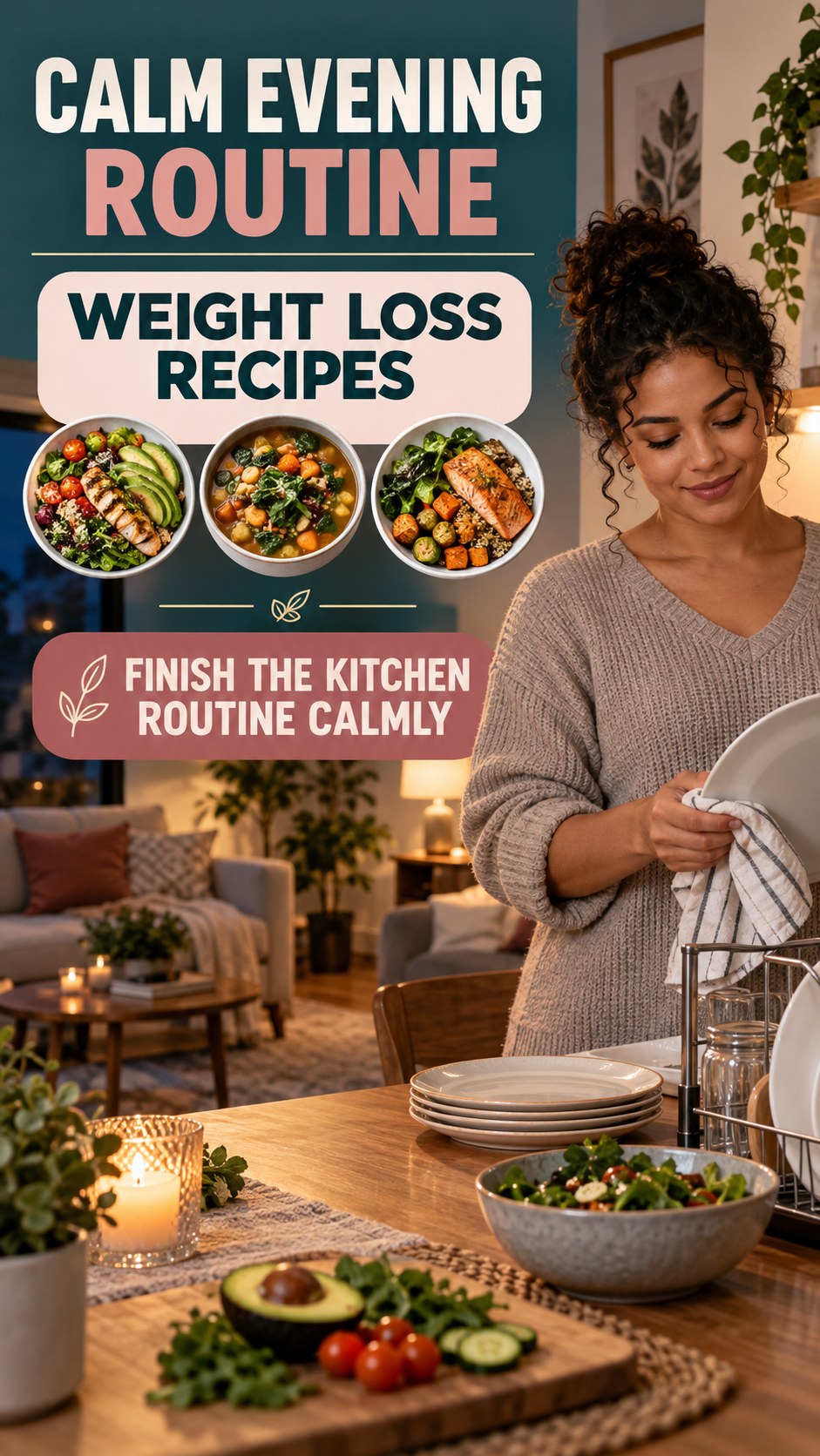 Dinner-to-Bedtime Routine infographic for Weight Loss Recipes, showing a flexible and calming evening wellness routine.