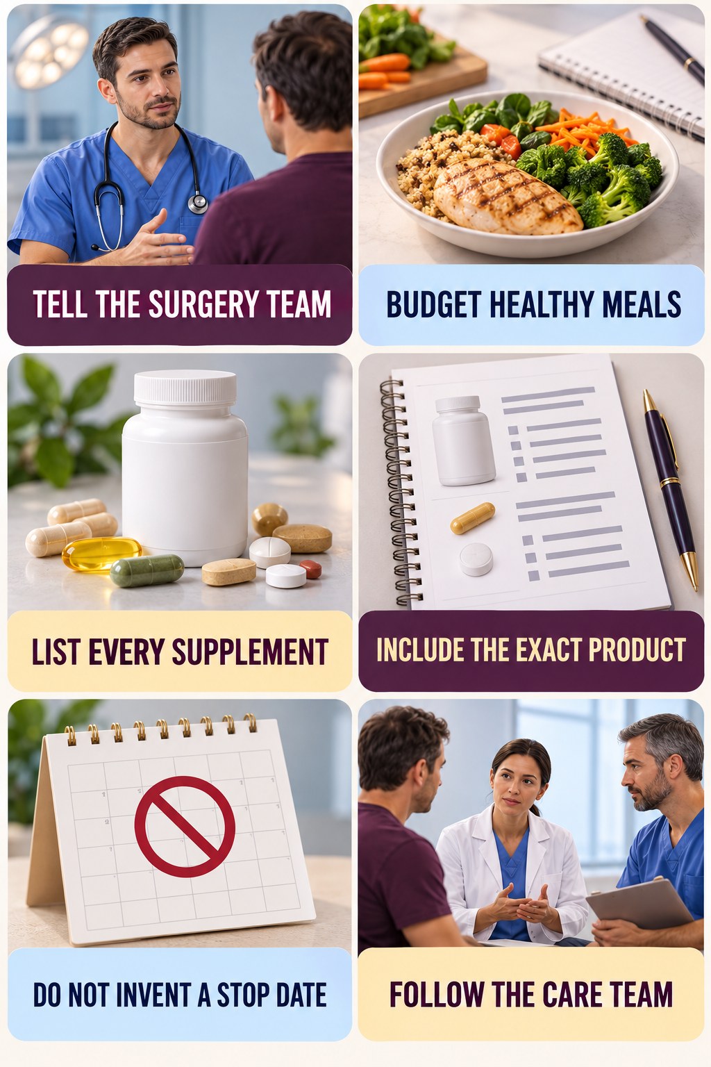 Disclose Supplements Before Surgery supplement-interaction safety infographic for Budget Healthy Meals with four concise review points.