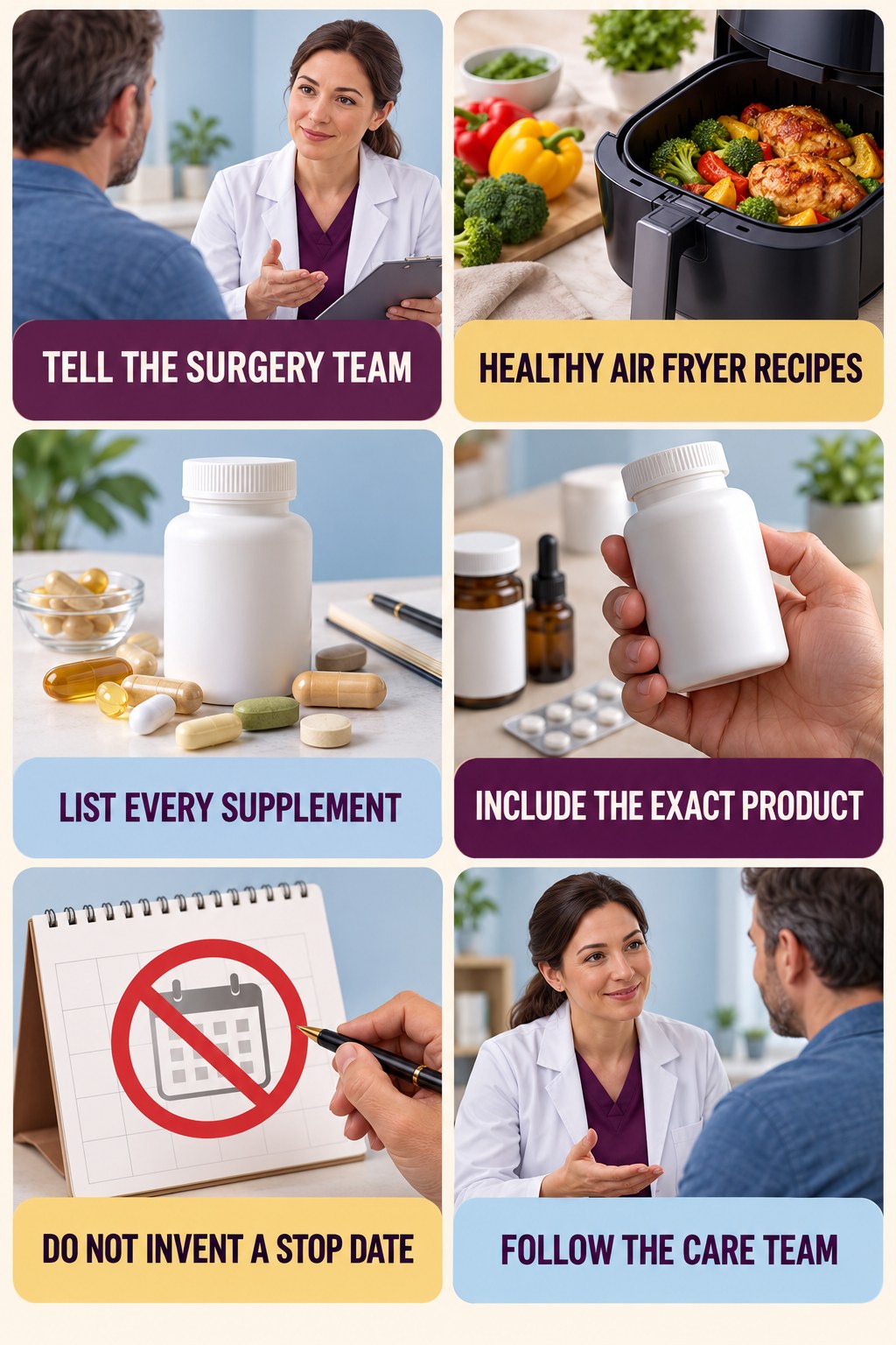 Disclose Supplements Before Surgery supplement-interaction safety infographic for Healthy Air Fryer Recipes with four concise review points.