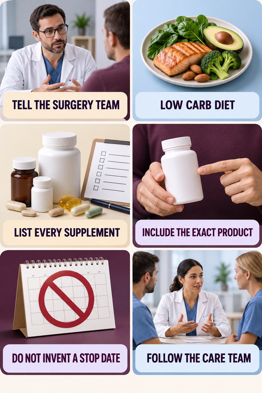 Disclose Supplements Before Surgery supplement-interaction safety infographic for Low Carb Diet with four concise review points.