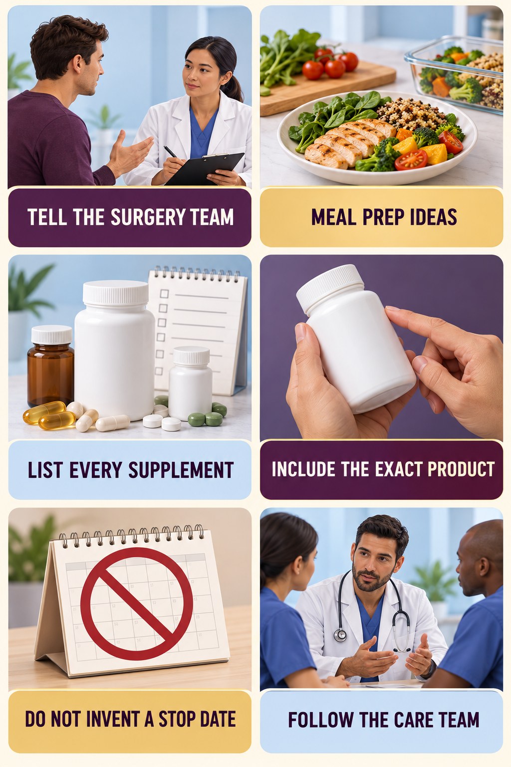 Disclose Supplements Before Surgery supplement-interaction safety infographic for Meal Prep Ideas with four concise review points.
