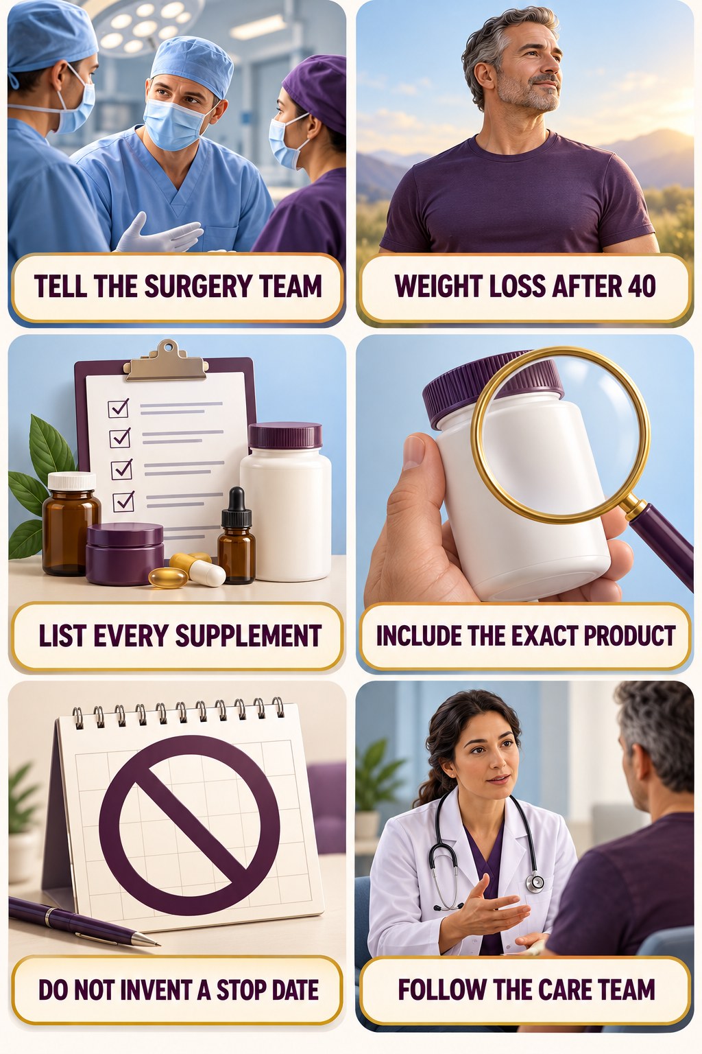 Disclose Supplements Before Surgery supplement-interaction safety infographic for Weight Loss After 40 with four concise review points.