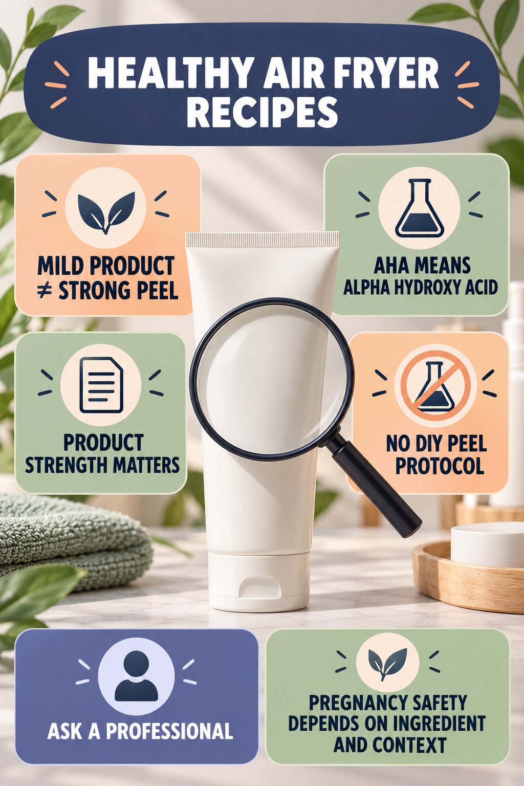 Distinguish Cosmetic AHAs From Professional Peels pregnancy skincare ingredient-question infographic for Healthy Air Fryer Recipes with four careful label-review points.
