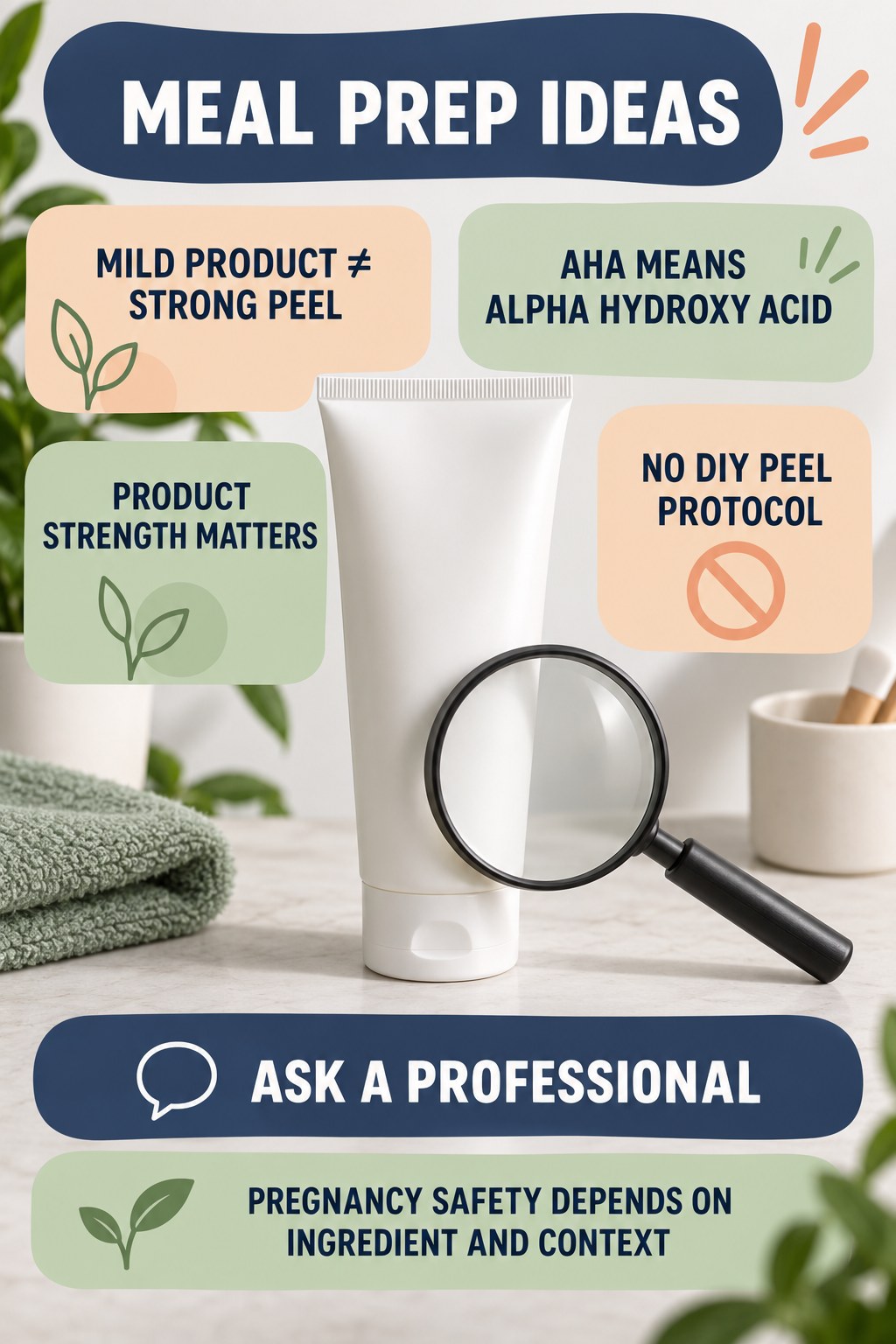 Distinguish Cosmetic AHAs From Professional Peels pregnancy skincare ingredient-question infographic for Meal Prep Ideas with four careful label-review points.