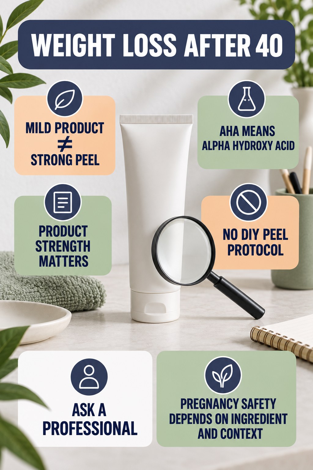 Distinguish Cosmetic AHAs From Professional Peels pregnancy skincare ingredient-question infographic for Weight Loss After 40 with four careful label-review points.