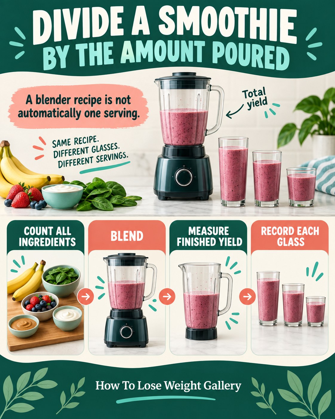 Smoothie yield infographic showing a blender and different glass portions with four counting steps