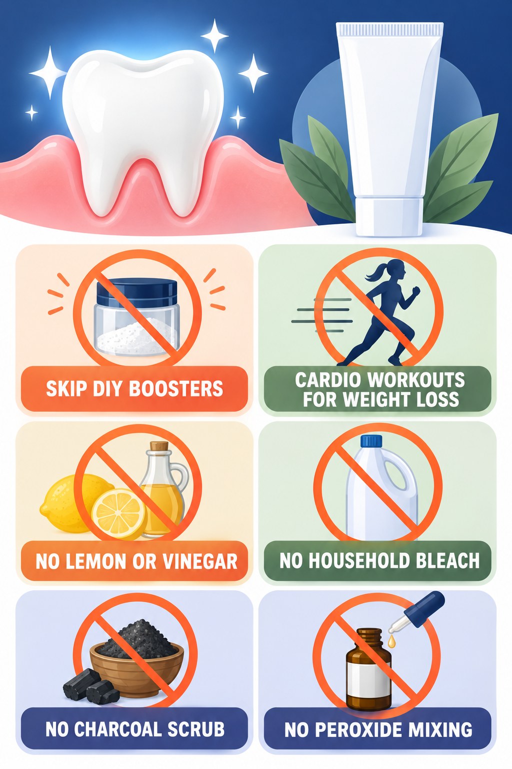 DIY Whitening Booster Myths infographic for Cardio Workouts for Weight Loss with four concise whitening-gel-pen safety points.