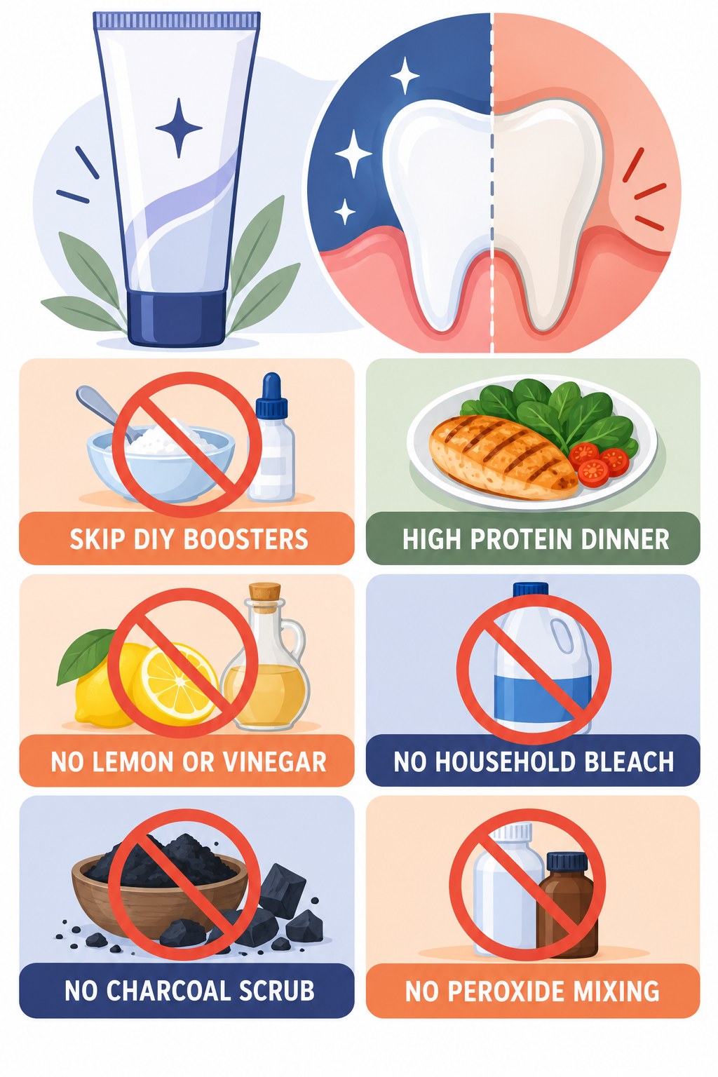 DIY Whitening Booster Myths infographic for High Protein Dinner with four concise whitening-gel-pen safety points.
