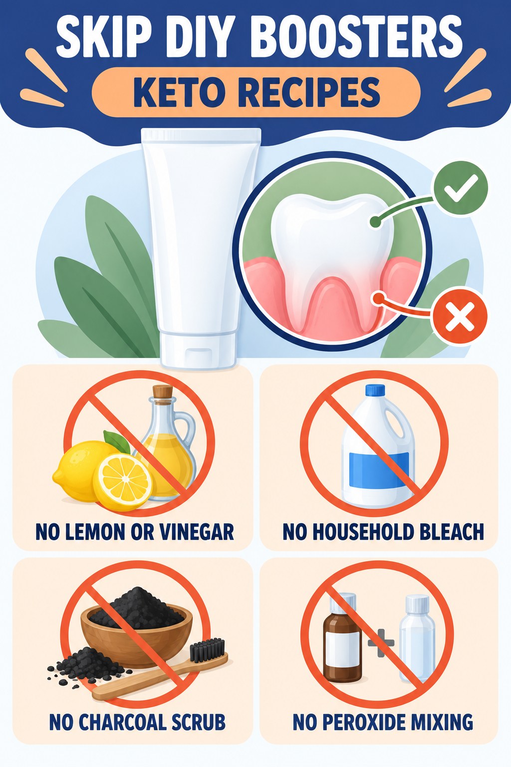 DIY Whitening Booster Myths infographic for Keto Recipes with four concise whitening-gel-pen safety points.