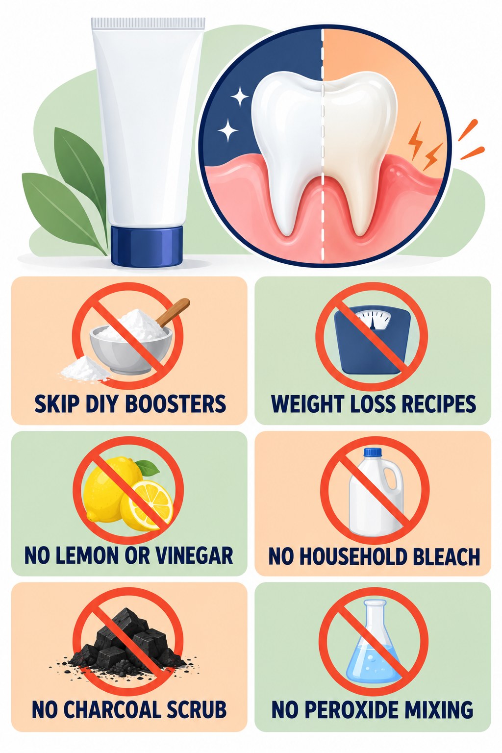 DIY Whitening Booster Myths infographic for Weight Loss Recipes with four concise whitening-gel-pen safety points.