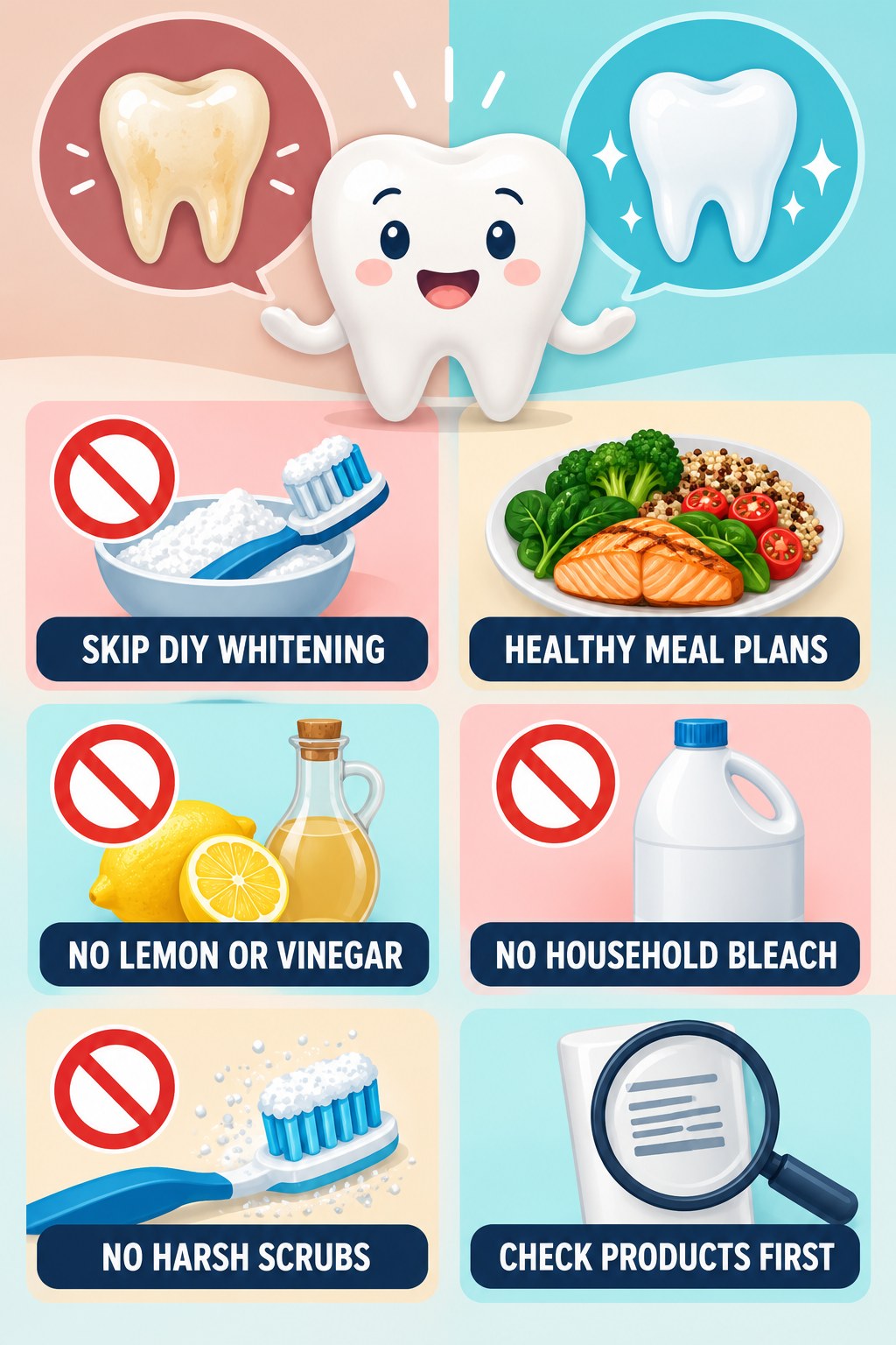 DIY Whitening Myth Check infographic for Healthy Meal Plans with four concise tooth-discoloration safety points.