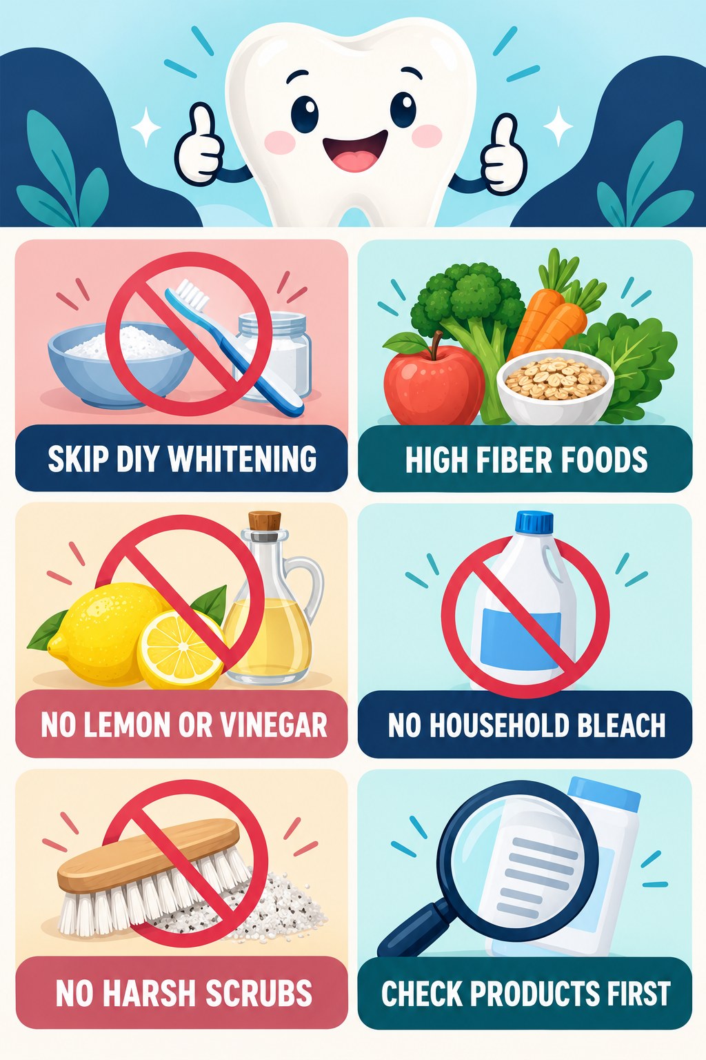 DIY Whitening Myth Check infographic for High Fiber Foods with four concise tooth-discoloration safety points.