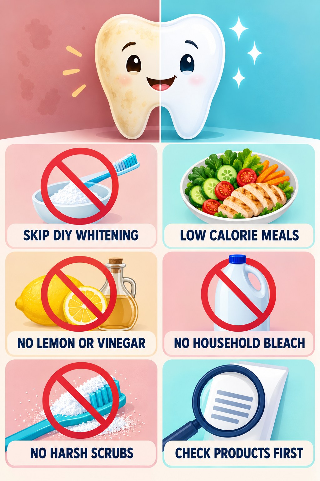 DIY Whitening Myth Check infographic for Low Calorie Meals with four concise tooth-discoloration safety points.