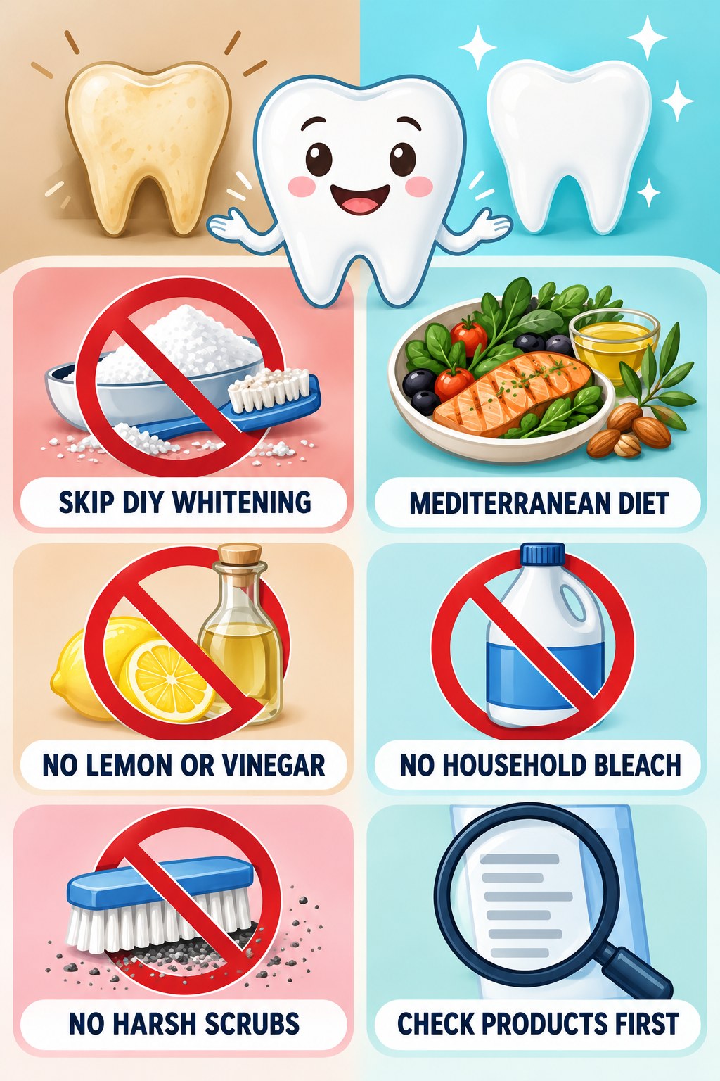 DIY Whitening Myth Check infographic for Mediterranean Diet with four concise tooth-discoloration safety points.