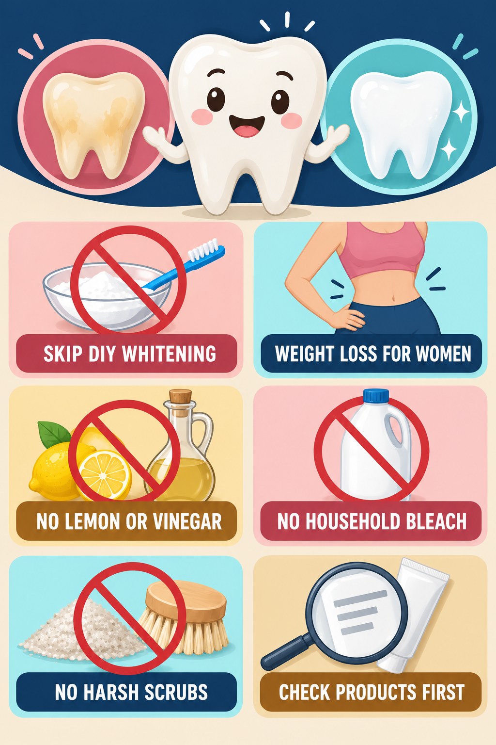 DIY Whitening Myth Check infographic for Weight Loss for Women with four concise tooth-discoloration safety points.