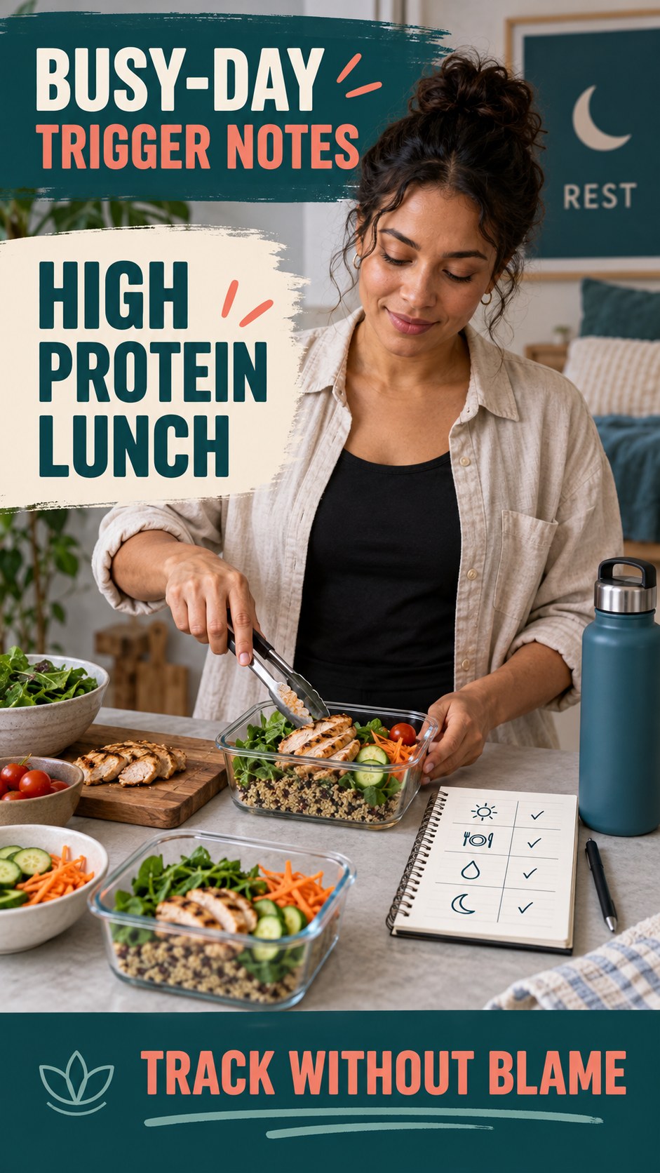 Busy-Day Trigger Notes infographic for High Protein Lunch, explaining that possible cold-sore triggers vary by person.