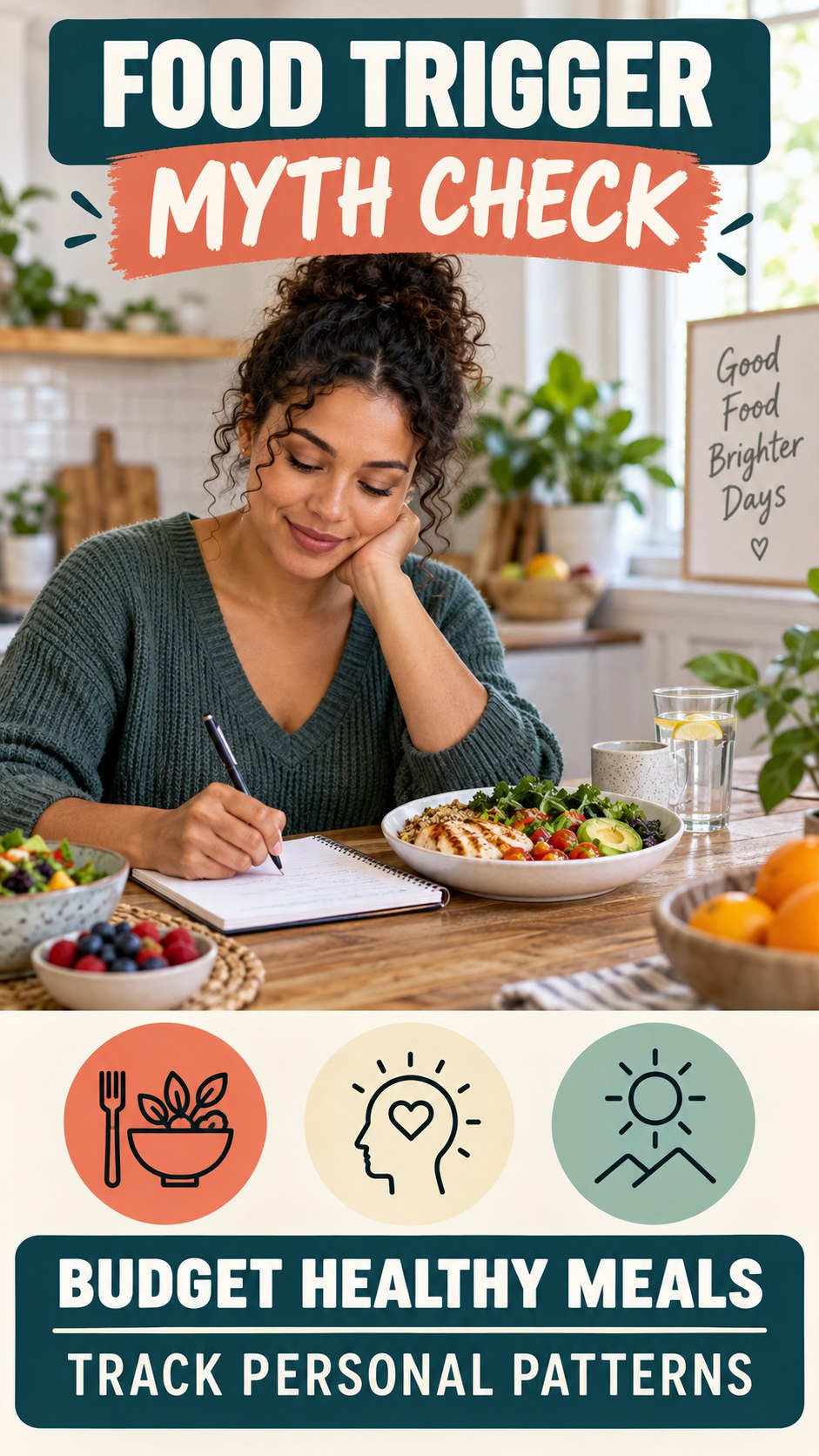 Food Trigger Myth Check infographic for Budget Healthy Meals, explaining that possible cold-sore triggers vary by person.