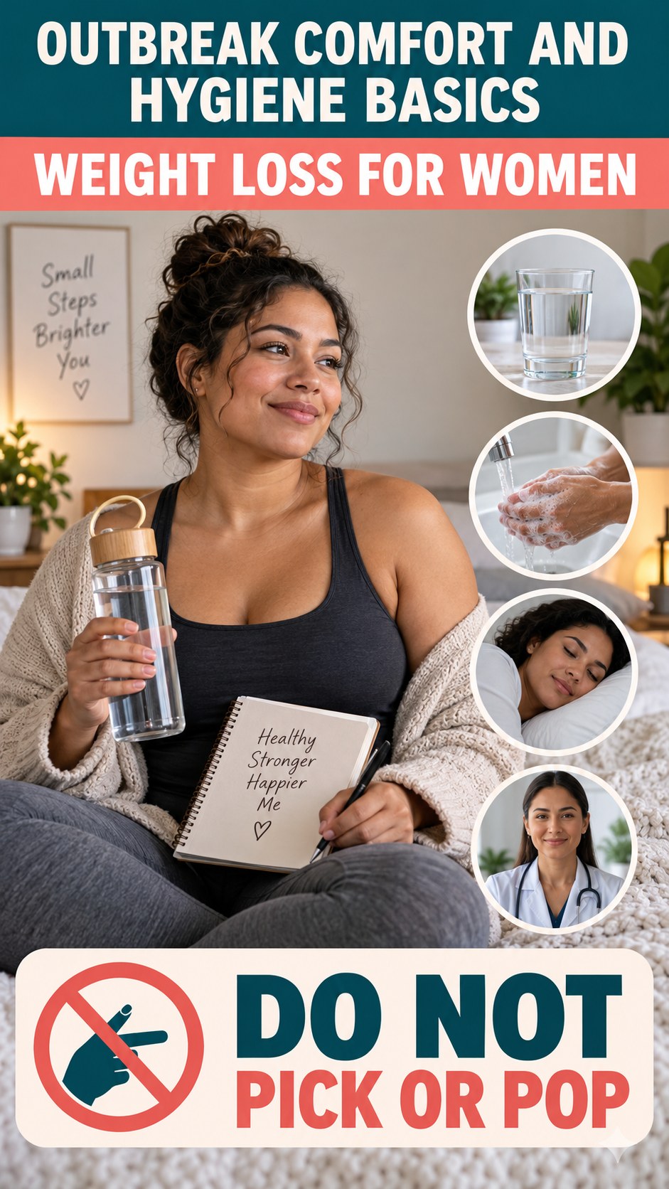 Outbreak Comfort and Hygiene Basics infographic for Weight Loss for Women, presenting respectful general HSV self-care comfort, hygiene, and safety education.