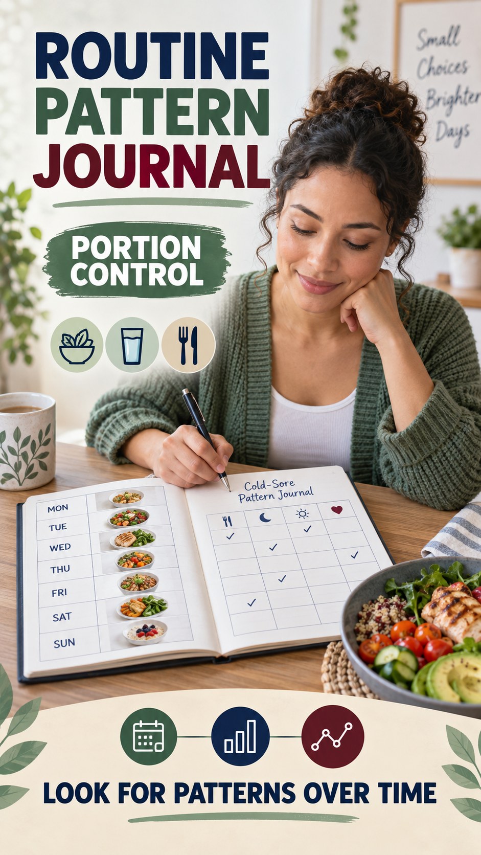Routine Pattern Journal infographic for Portion Control, explaining that possible cold-sore triggers vary by person.
