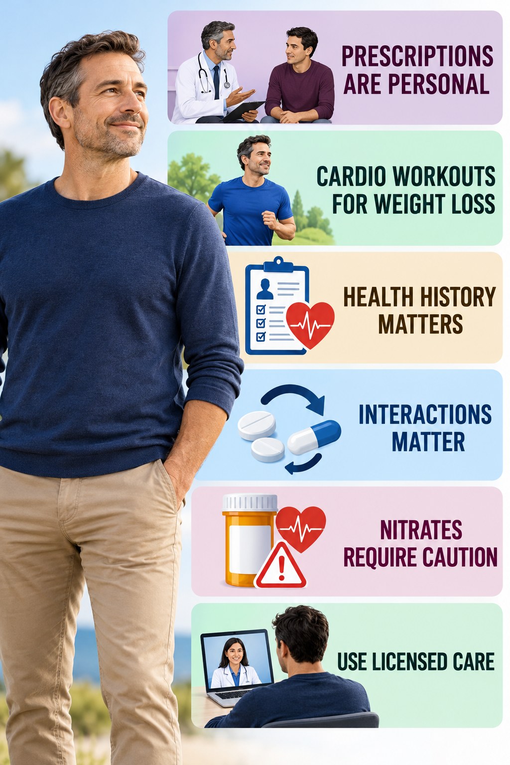 Do Not Borrow Prescription ED Medicine infographic for Cardio Workouts for Weight Loss with four concise, non-shaming sexual-health education points.