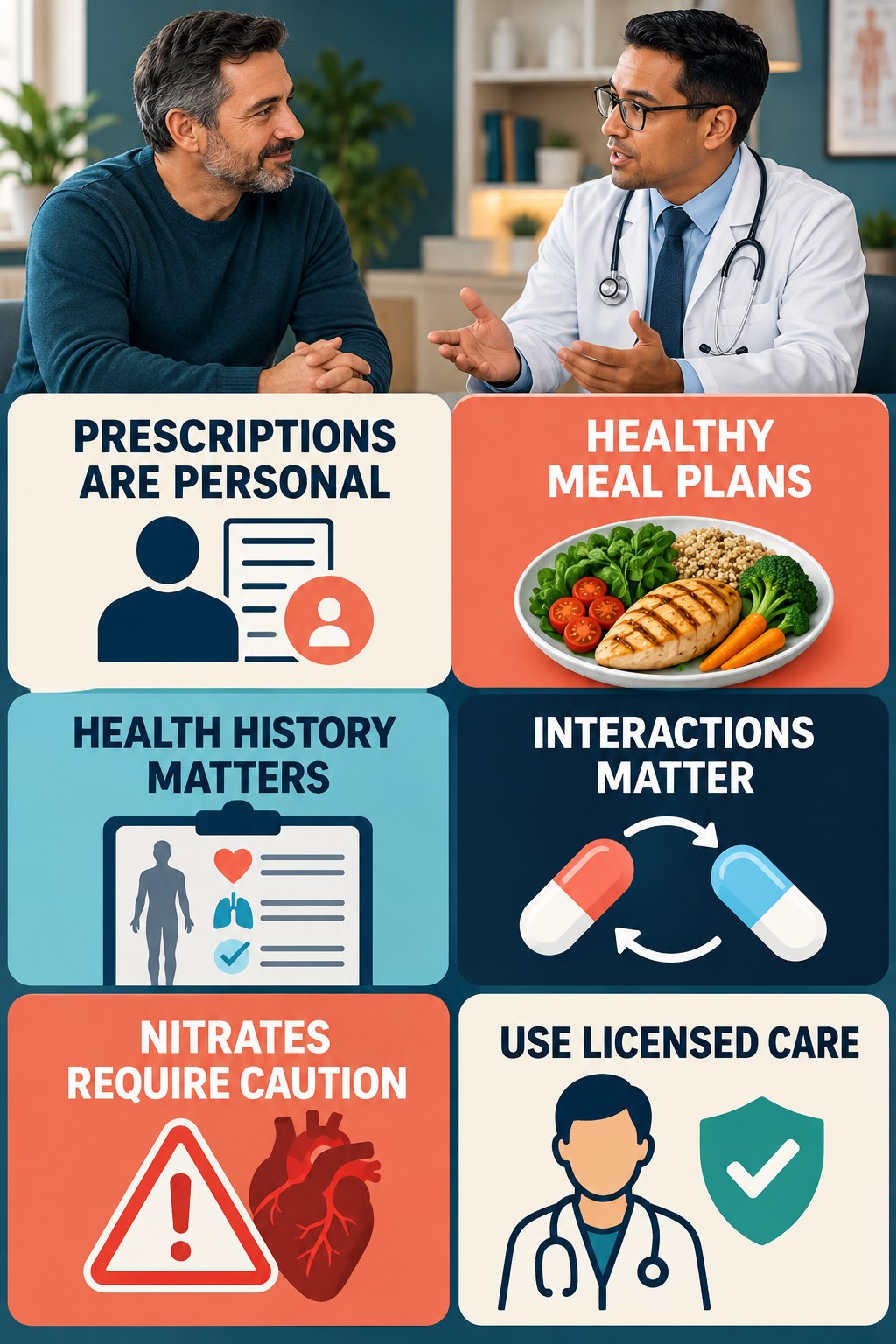 Do Not Borrow Prescription ED Medicine infographic for Healthy Meal Plans with four concise, non-shaming sexual-health education points.