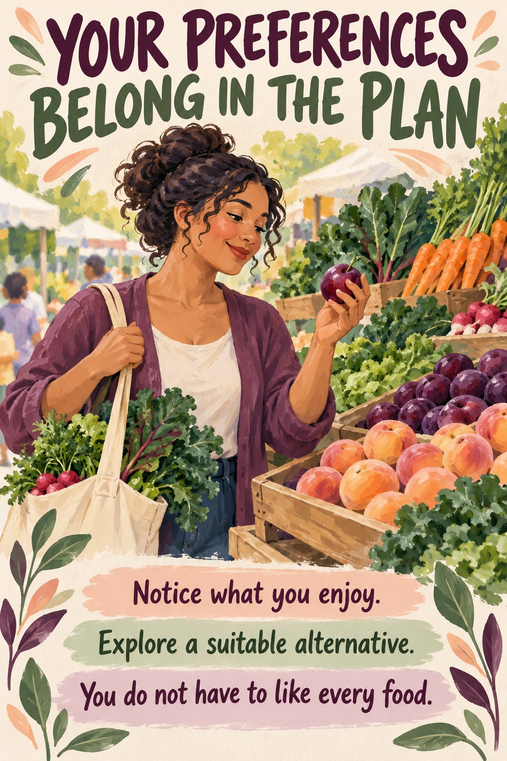 An illustrated shopper choosing a plum from a market display of fruits and vegetables.