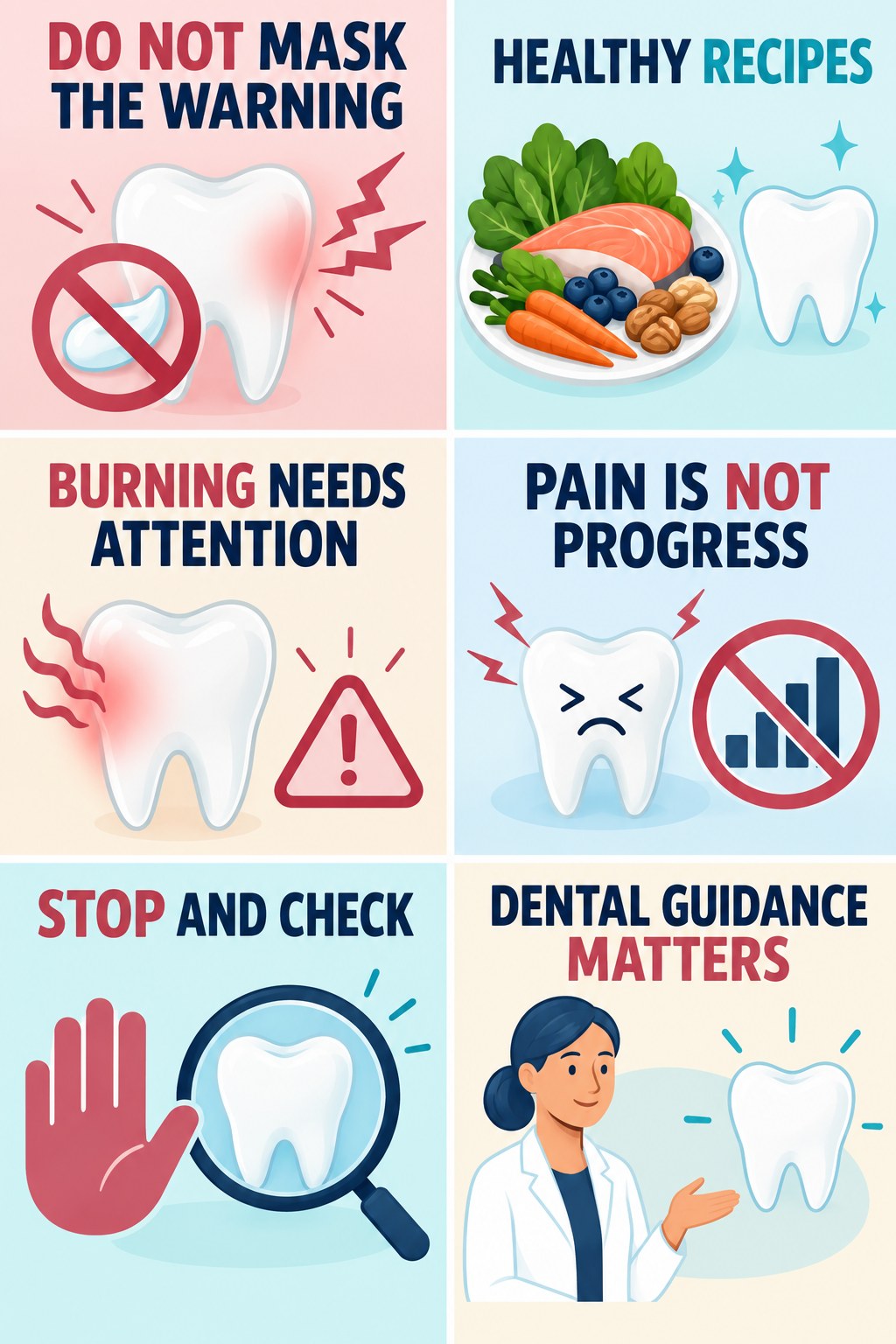 Do Not Numb and Continue Whitening infographic for Healthy Recipes with four concise whitening-sensitivity safety points.