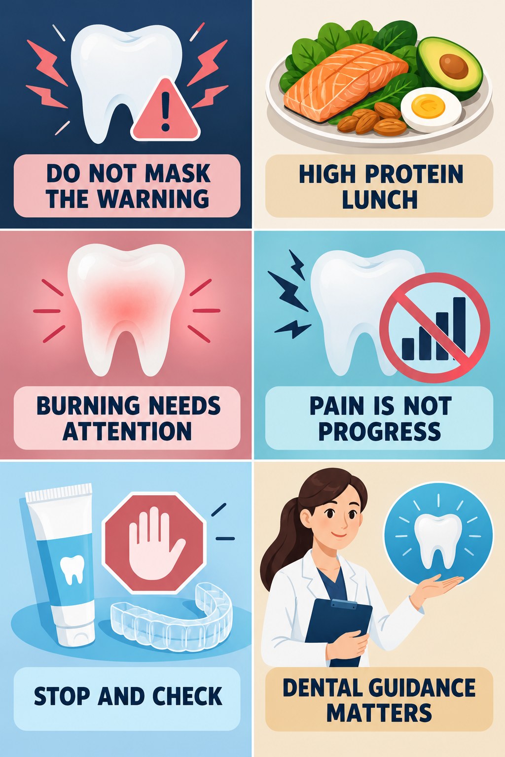 Do Not Numb and Continue Whitening infographic for High Protein Lunch with four concise whitening-sensitivity safety points.