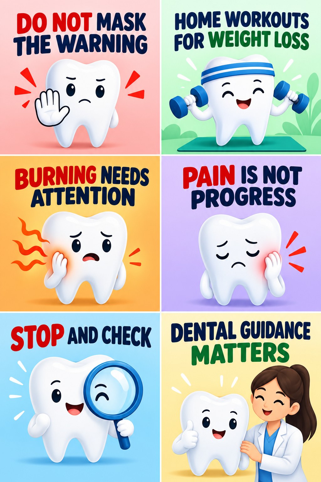 Do Not Numb and Continue Whitening infographic for Home Workouts for Weight Loss with four concise whitening-sensitivity safety points.