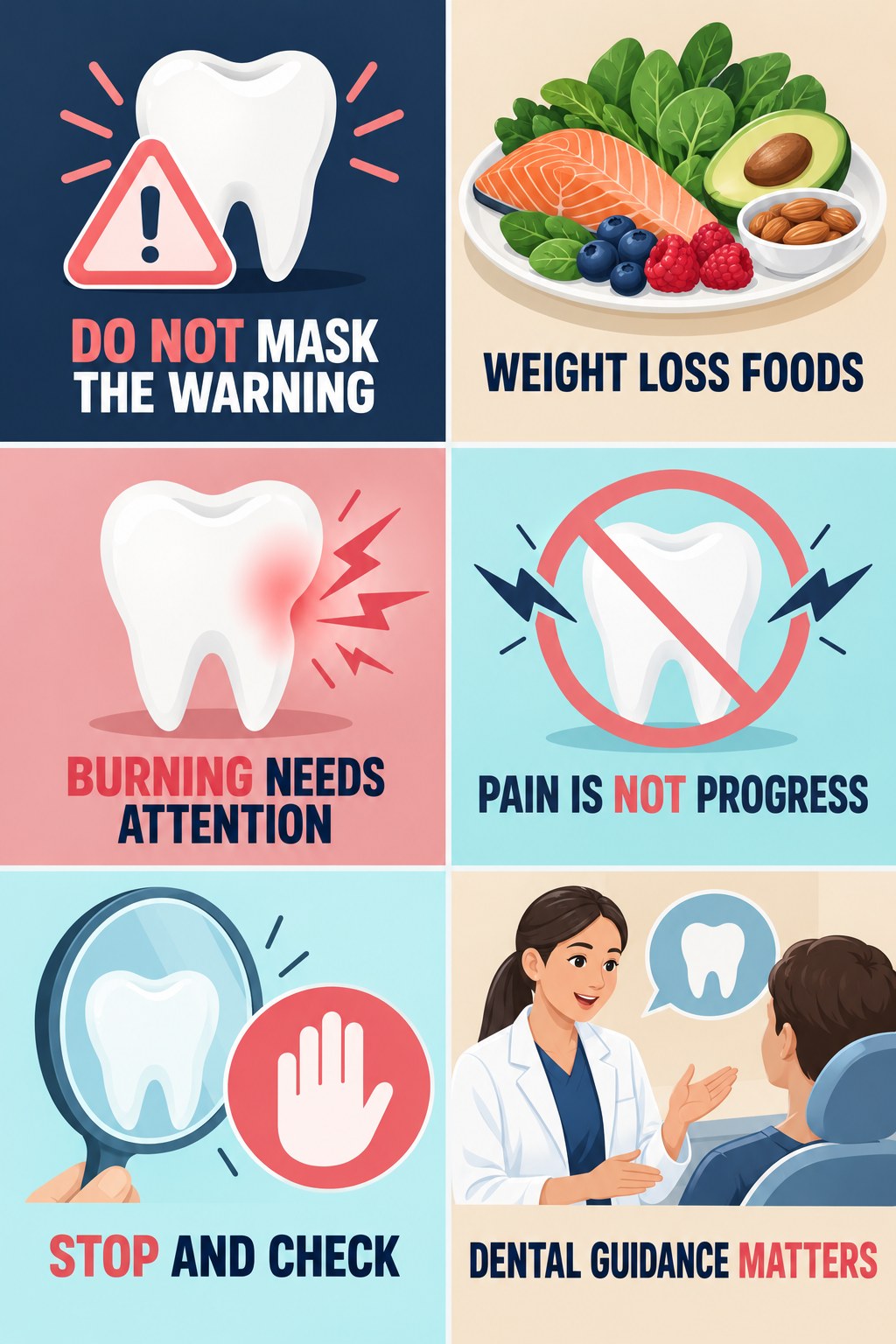 Do Not Numb and Continue Whitening infographic for Weight Loss Foods with four concise whitening-sensitivity safety points.