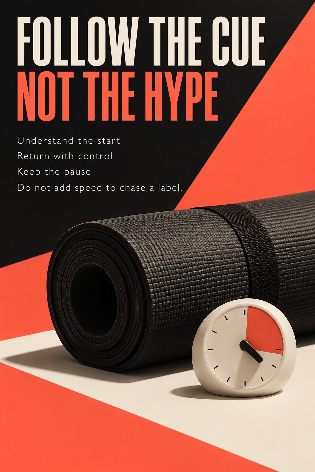 A Pilates mat and a simple analog timer beside a reminder to follow the movement cue.