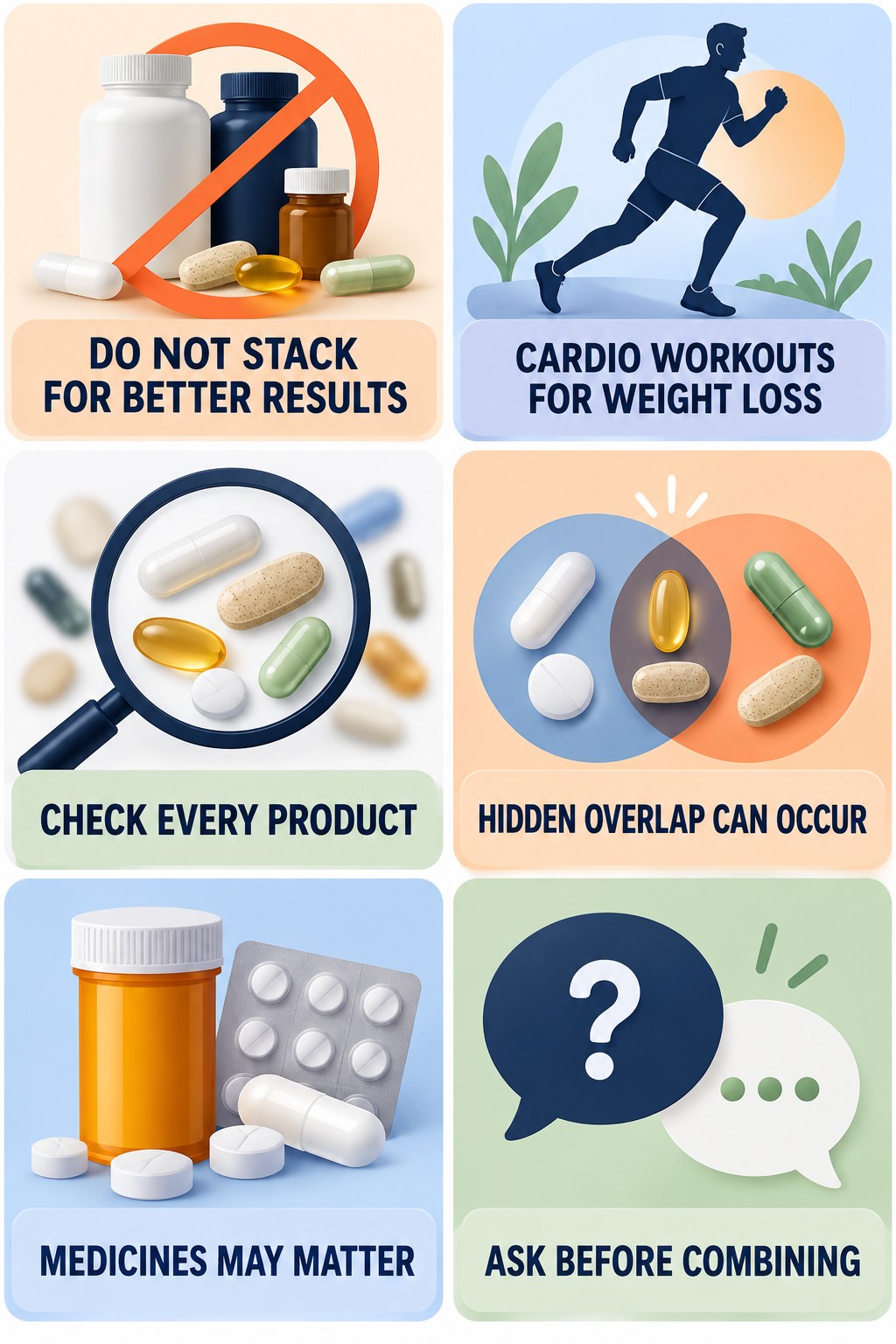 Do Not Stack Sexual-Wellness Products supplement-interaction safety infographic for Cardio Workouts for Weight Loss with four concise review points.