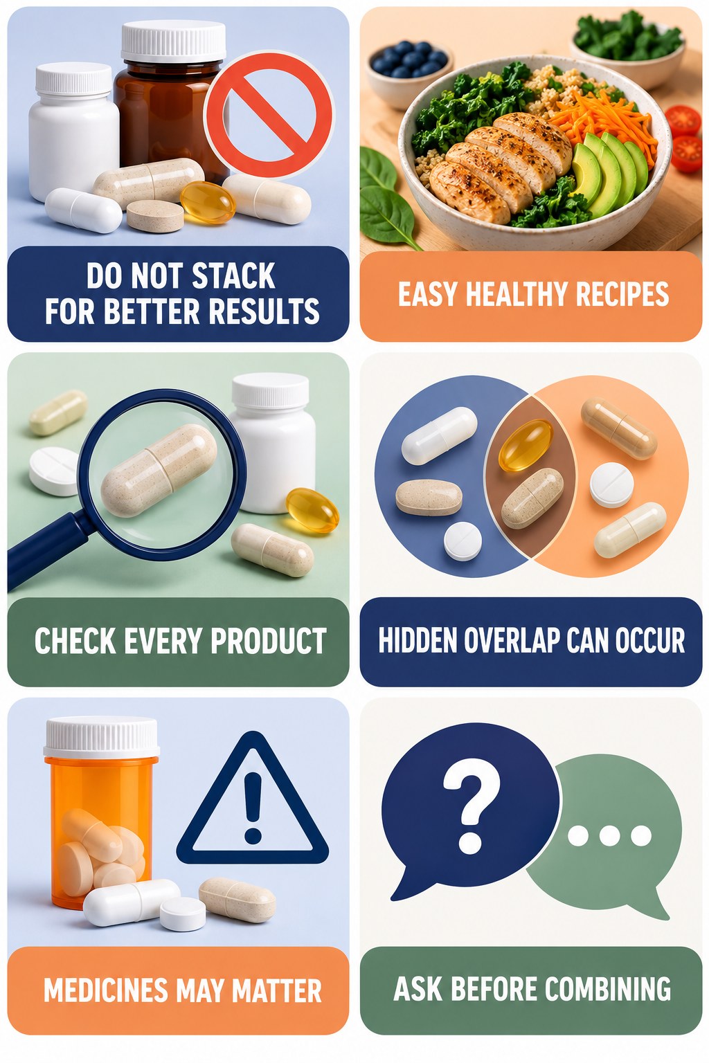 Do Not Stack Sexual-Wellness Products supplement-interaction safety infographic for Easy Healthy Recipes with four concise review points.